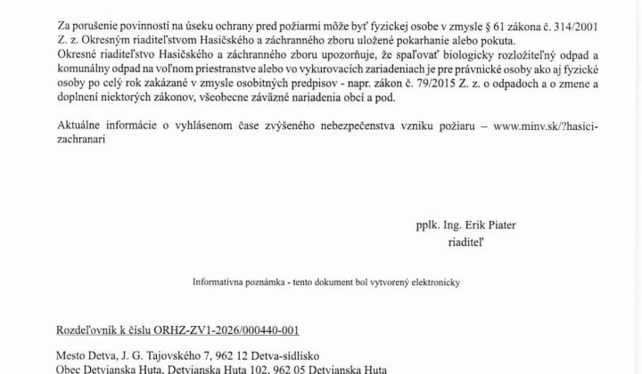 Fotka - Vyhlásenie času zvýšeného nebezpečenstva vzniku požiaru dňa 24.04.2026